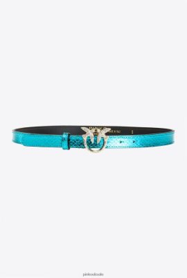 Belts | Pinko Galleria thin laminated reptile skin belt PETROL-SHINY GOLD FTB64L1020 Pinko Bags Uk