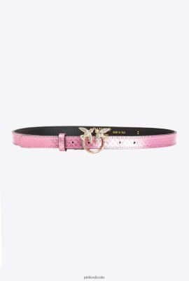 Belts | Pinko Galleria thin laminated reptile skin belt POWDER PINK-SHINY GOLD FTB64L1023 Pinko Bags Uk