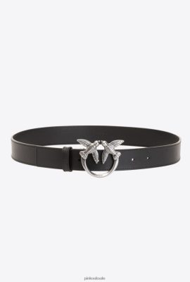 Belts | Pinko Love Birds leather belt BLACK-OLD SILVER FTB64L1006 Pinko Dress Uk