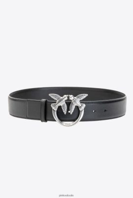 Belts | Pinko Love Birds leather belt BLACK-OLD SILVER FTB64L1018 Pinko Dress Uk