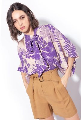 Blouses | Pinko Cape-effect blouse with tropical print NUDE/PURPLE FTB64L294 Pinko Bags Uk
