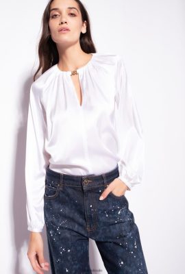 Blouses | Pinko Long-sleeved stretch satin blouse BRIGHT WHITE FTB64L303 Pinko Bags Uk