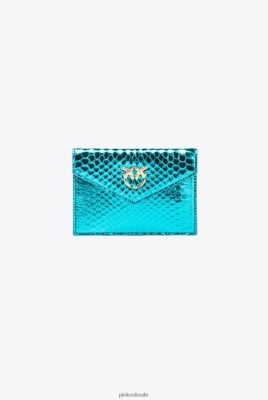 Clutch Bags | Pinko Galleria Flat card holder in laminated reptile skin PETROL-SHINY GOLD FTB64L1171 Pinko Dress Uk