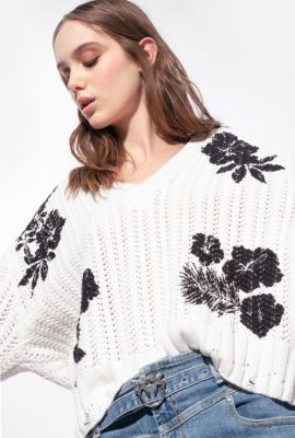 Jumpers | Pinko Graphic floral-print pullover WHITE/BLACK FTB64L499 Pinko Dress Uk