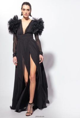Long Dresses | Pinko Long chiffon and tulle dress LIMO BLACK FTB64L187 Pinko Dress Uk