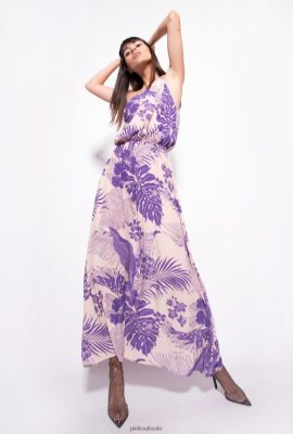 Long Dresses | Pinko Tropical-print one-shoulder dress NUDE/PURPLE FTB64L131 Pinko Uk