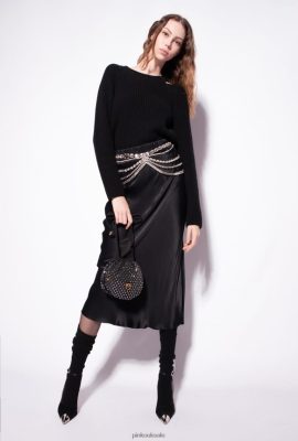 Mid-Calf Length Skirts | Pinko Satin skirt with jewel belt LIMO BLACK FTB64L923 Pinko Uk