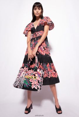 Mid-Length Dresses | Pinko Tropical-print poplin dress MULTI. BLACK/RED FTB64L106 Pinko Dress Uk