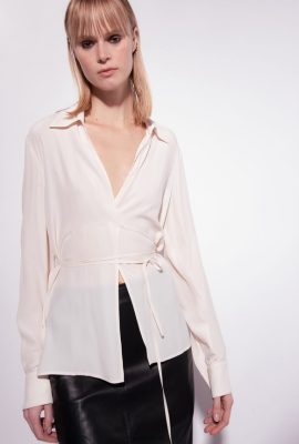 Shirts | Pinko Silk-blend shirt with tie PINK SMOKE WHITE FTB64L249 Pinko Bags Uk