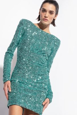 Short Dresses | Pinko Fully sequinned mini dress with crossover OCEAN GREEN FTB64L29 Pinko Uk