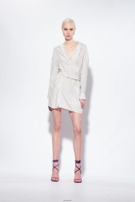 Short Dresses | Pinko Striped mini shirt dress WHITE/BLACK FTB64L22 Pinko Dress Uk