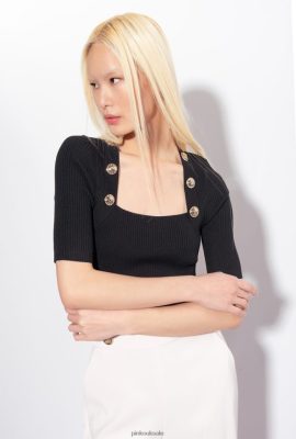 Sweaters | Pinko Rib-knit top with golden buttons LIMO BLACK FTB64L492 Pinko Bags Uk