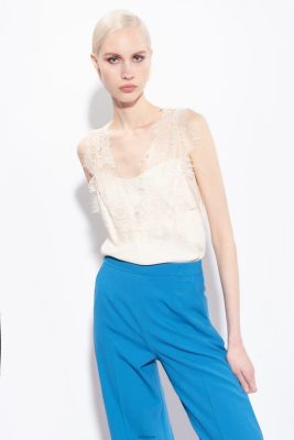 Top | Pinko Jacquard logo top with lace PINK SMOKE WHITE FTB64L326 Pinko Uk