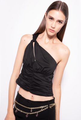 Top | Pinko Stretch poplin one-shoulder top LIMO BLACK FTB64L390 Pinko Bags Uk